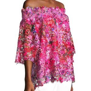 Elie Tahari Diana Blouse Womens Size L Off The Shoulder Lace Ruffle